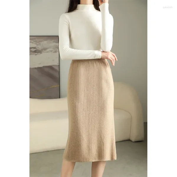 Faldas Venta de producto Lana Media falda de mujer Slim Fit Moda Color sólido Punto Otoño e invierno