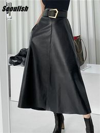 Jupes séoul classique noir Faux cuir PU longue avec ceinture taille haute parapluie dames femme automne hiver 230703