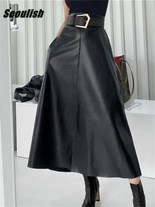 Faldas Seoulish Classic Black Faux PU cuero largo con cinturón paraguas de cintura alta señoras mujer Otoño Invierno 230313