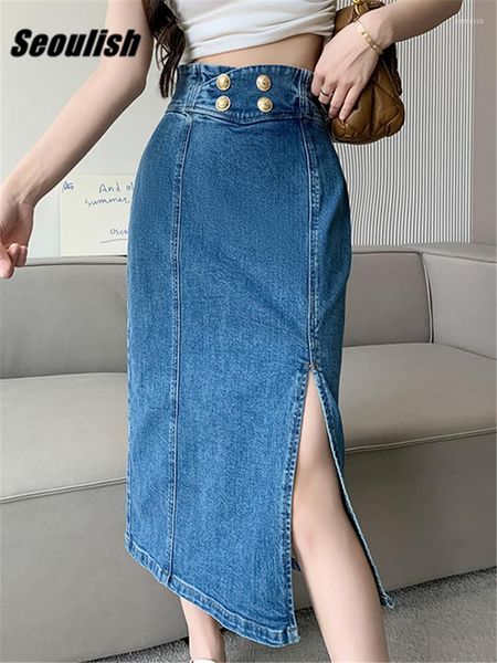 Faldas de mezclilla con botones de cintura alta para mujer de Seoulish, falda vaquera azul Vintage con abertura frontal para primavera y verano para mujer 2023