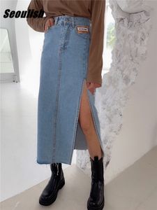 Rokken Seoulish Zomer Vrouwen Lange Denim Rok Vintage Hoge Wasit Jeans Rok Vrouwelijke Rechte Side Split A-lijn Potlood Rokken 230628