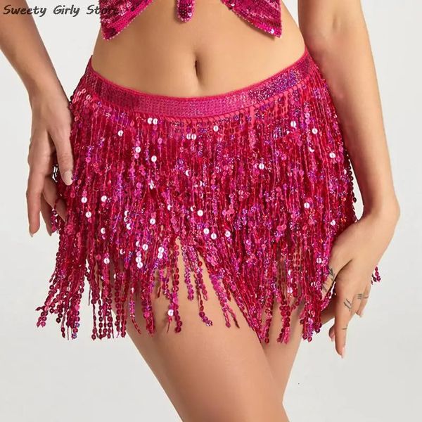 Faldas Cinturones de lentejuelas Mujeres Falda de danza del vientre Traje de rendimiento Práctica india Faldas de cadera Borla larga Cadena bohemia Clubwear Fiesta 231124