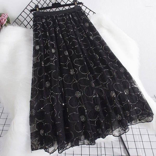 Faldas lentejuelas flores grandes swing tul tul plisado longitud midi negra para mujeres Patchwork de cintura alta kawaii una falda de línea estilo coreano