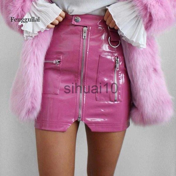 Saias Sexy Club Outfits Feminino Mini Saia Couro PU PVC Cintura Alta Zíper Bolso Pacote Hip Shorts Feminino Streetwear Festa Rosa Preto J230621