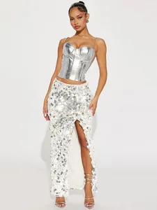 Jupes Sexy Elegant Sparkle Sequin Cocktail Long for Women Evening Fête Bottoms High Waited Slit Slit Longle Prom Prom Jirt