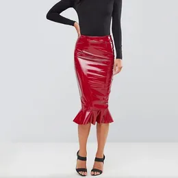 Rokken Sexy Faux Latex Hobble Vrouwen Glanzend PU Leer Ruches Midi Dames Stretchy Bodycon Lange Rok Clubwear Custom