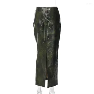 Jupes Sexy Green PU Faux Bandage en cuir longue pour les femmes 2024 Fashion printemps y2k basse taille bodycon maxi jupe femme