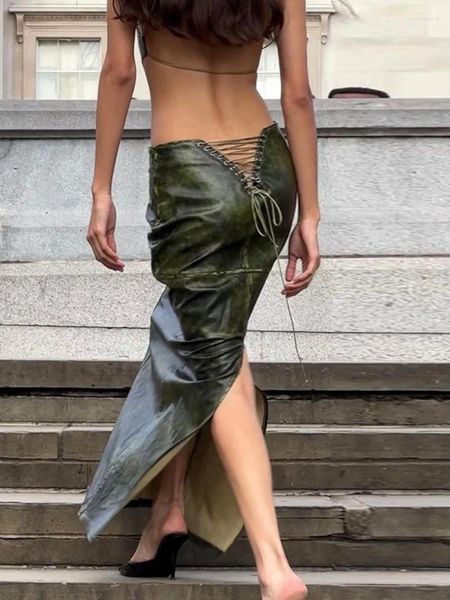 Jupes Sexy High Street Bandage Vert PU Cuir Pour Femmes 2024 Taille Élégante Moulante Robe De Soirée À Lacets Split Longue Jupe