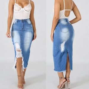 Jupes Sexy trou Denim femmes taille haute lavé Jean jupe dames décontracté pansement fendu grande taille