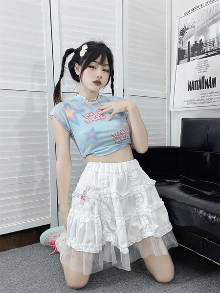 Faldas Sexy Kawaii Falda Alta Cintura Moda Japonesa Encaje Lindo Vestido De Bola 2024 Otoño Tul Empalme Blanco Maiden Short