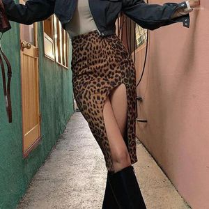 Rokken Sexy Luipaard Print Split Bodycon Rok Vrouwen Mode Hoge Taille Slim Fit Midi Streetwear Potlood Vrouwelijke