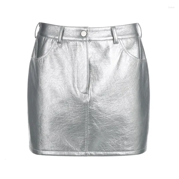 Jupes Sexy taille basse jupe en cuir femmes mode argent sac de base hanche a-ligne Mini S649