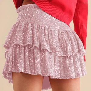 Faldas Sexy falda corta con lentejuelas espumosas plisadas mini con rufa de cintura alta dobladillo