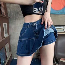 Faldas Sexy Slim Fit Denim Short para mujeres Coreano Cintura alta Antiglare Falda plisada Mujer Y2k Elástico Volantes Jean Mini 230607