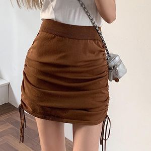 Jupes Sexy Slim Hanche Femmes Mini Jupe Dame Hiver Élastique Taille Haute A-ligne Solide Chemise Plissée Maigre Mode StreetwearSkirts