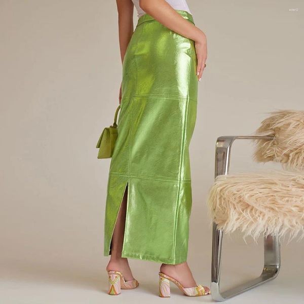 Jupes sexy Sparkly Slit Luxury Longues femmes hautes taille métallique verte slim