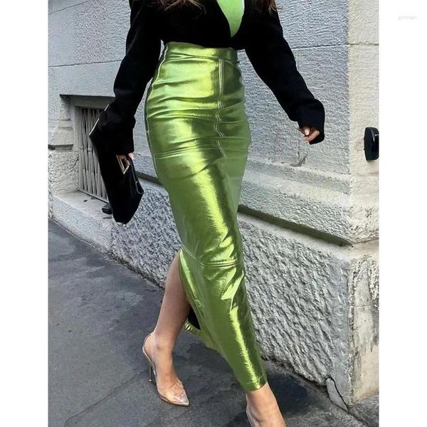 Faldas sexis brillantes con hendidura larga de lujo para mujer de cintura alta metálica verde falda Maxi ajustada 2023 verano elegante ropa de fiesta de cumpleaños
