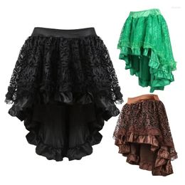 Faldas Sexy Steampunk Lace Falda floral Mujeres Asimétricas Alto Bajo Volantes Corsés a juego Negro Marrón Verde