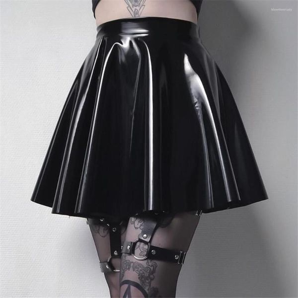 Jupes Sexy Femmes Brillant Gothique Jupe Plissée Évasée Wetlook Latex PU Faux Cuir A-ligne À Volants MINI Club Stage Porter Haute