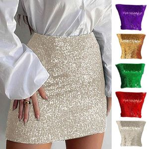 Jupes Sexy femmes jupe brillant Sequin gaine coupe ajustée au-dessus du genou taille haute Clubwear couleur unie courte paillettes dame femme hauts