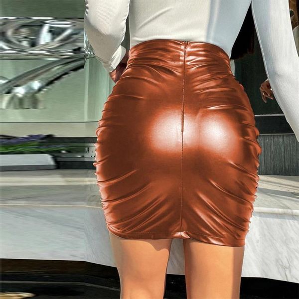 Faldas Falda tubo Clubwear Fiesta Mini Cintura alta Cuero de imitación con cremallera plisada Suave Transpirable Slim Fit para mujeres