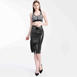 Rokken glanzende lederen rok slanke gesplitste vrouwen sexy bodycon clubwear hoge taille vintage lang kantoorpotloodpakket heup kleding