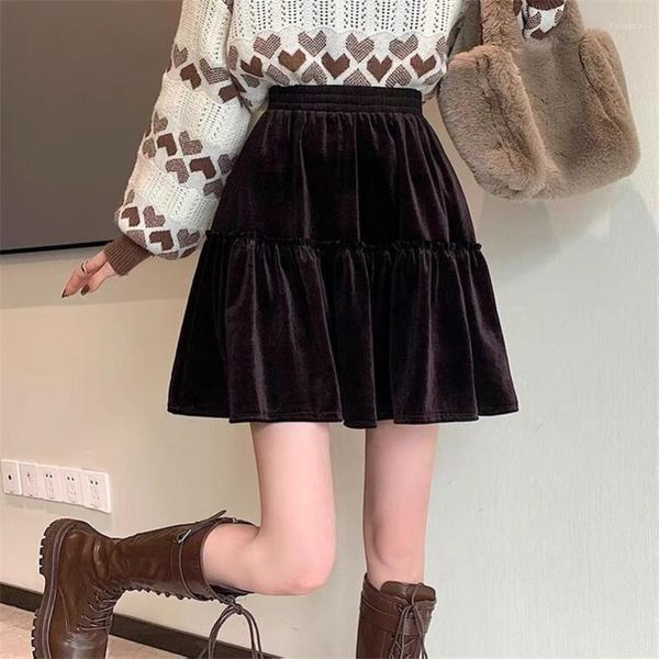 Jupes courtes plissées jupe femmes automne velours Mini douce fille hiver taille haute solide volants rose noir marron Vestidos