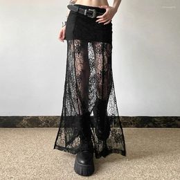 Jupes Side Slit Lace pour les femmes 2024 Été Voir à travers la taille haute jupe dames noires décontractées sexy femme
