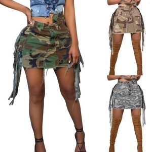 Rokken zijde Tassel Camouflage Mini Cargo Women Hoge taille Knopen Patch Franual Casual Street Rok All Matching