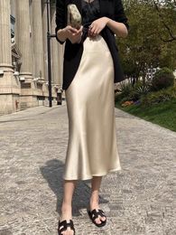 Faldas de satén de seda para mujer, estilo coreano, champán, oficina, cintura alta, corte en A, elegante, largo, liso, 2024
