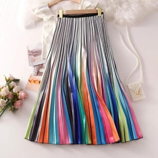 Faldas Falda con estampado de arcoíris degradado de estilo medio largo para mujer, vestido largo plisado de viaje, ropa para niñas