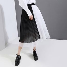 Rokken eenvoudig ontwerp hoge taille mesh geplooide rok mode Koreaanse stijl kleurblok zwart witte vrouwen kantoor dames midi zomer