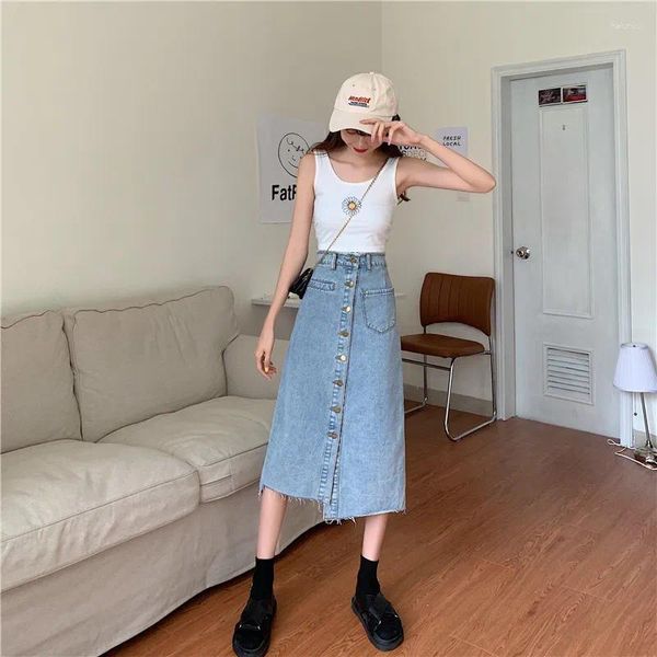 Jupes simples de taille irrégulière de taille irrégulière de taille maxi avec des femmes fentes printemps d'été une ligne jeans midi asymétriques