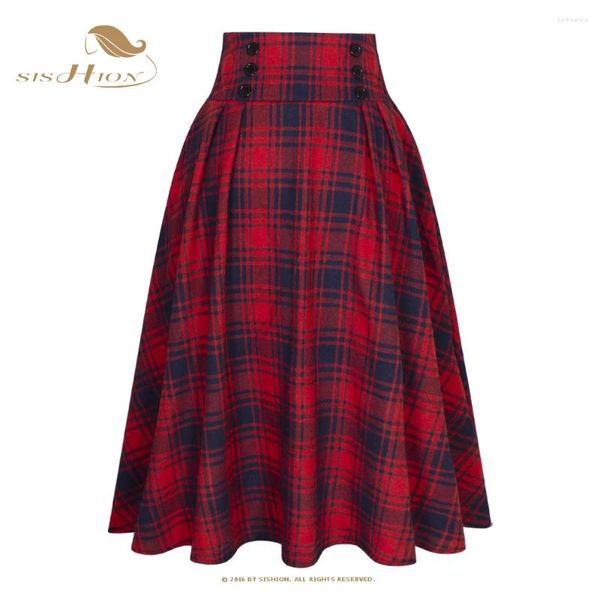 Faldas Sishion Elástico Y2K Vintage Plisado Red Plaid Falda SS0037 Botones de cintura alta Decorado Swing Midi Mujeres 2024