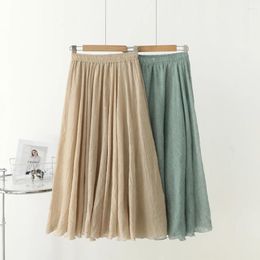 Jupes Sishion deux couches coton lin jupe longue 2023 été taille élastique abricot vert femmes rétro décontracté VD4085