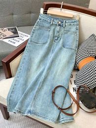 Taille des jupes S-4xl Femmes denim Spring Summer Fashion High Waist A-Line Slit Jean Oversize Slim Mid-Long Jupe