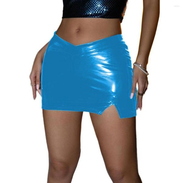 Faldas Mini falda flaca Cuero de PVC brillante Cintura baja Lápiz Dividido Súper abrigos cortos Hip Dance Club nocturno Ropa de fiesta