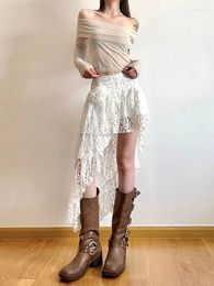 Jupes jupe dentelle crochet streetwear irrégulier doux y2k esthétique 3d fleur haute taille fiée fée fée sexy harajuku falda