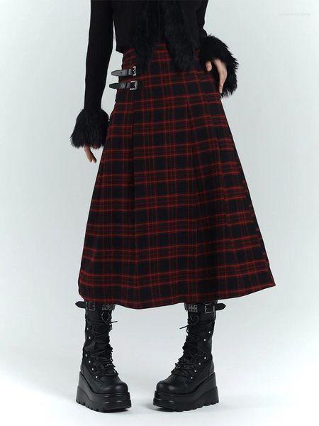 Faldas Falda Mujer A-Line Red Plaid Cintura alta Cremallera Algodón Suelto Casual Moda Todo fósforo Largo Otoño e Invierno Espesado Cálido