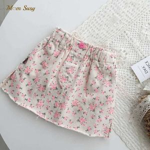 Rokken rokken mode baby meisje jean korte rok bloemenprint baby katoen denim rok veer herfst zomer zomer babykleding 1-7y wx5.21