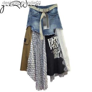 Rokken Rokken Getspring Damesrok Lange patchwork-denimrok Stiksels Onregelmatige hoge taille Losse vrije tijd Asymmetrische plooirok 230327 L230912