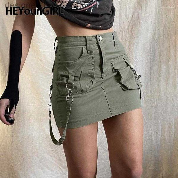 Faldas Faldas HEYounGIRL Bolsillos de cinta Jeans Falda Vintage Verde Mujeres Y2K High Street Bodycon Denim Short Harajuku Trajes con estilo L230912