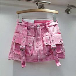Retro American Spice Girl Pink Rink Store de bolsillo tridimensional con falda de carga del adelgazamiento A-Slip A-Word