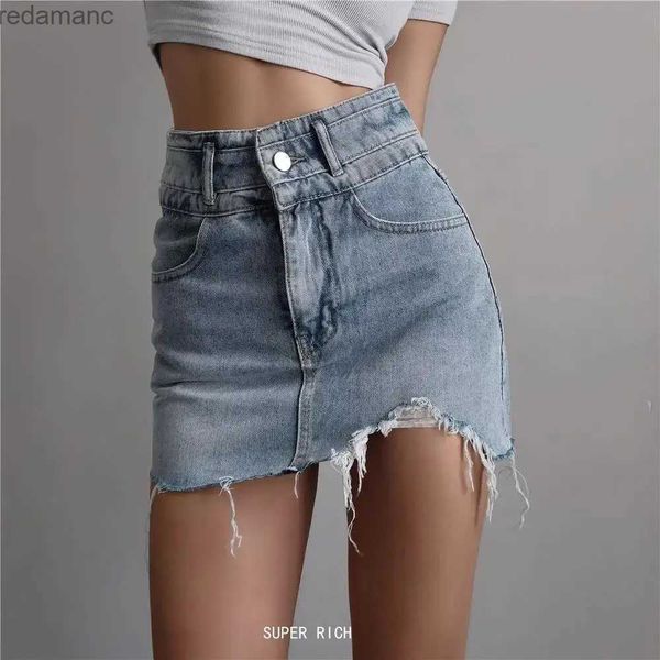 Jupes Jupes-shorts Chic et élégant femme jupe en Jean grande taille 4XL rétro taille haute chaîne hanche jupes Sexy fermeture éclair avant faire vieille jupe en Jean Rip Edge 240330