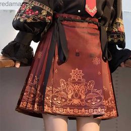 Jupes Skorts exquise dynastie Ming jupe à visage de cheval imprimé fleuri pour les femmes Y2K taille haute plissée Mini jupe à visage de cheval améliorée chinoise 240330