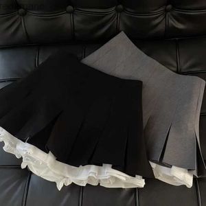 Jupes Jupes-shorts Style collège japonais jupes plissées solide noir gris Patchwork femmes tout assorti Mini jupe femme taille haute a-ligne jupe 240330