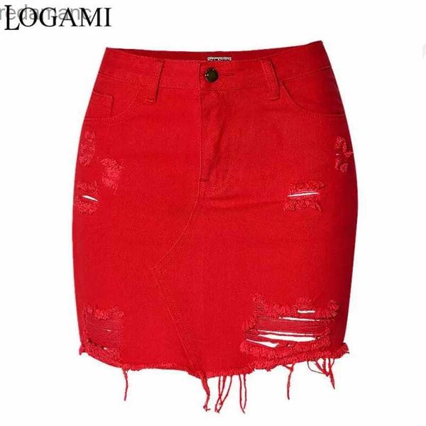 Faldas Skorts LOGAMI Faldas vaqueras de cintura alta para mujer Mini lápiz Jeans falda Primavera Verano rasgado falda Sexy para mujer roja 240330