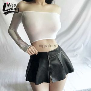 Jupes Skorts en cuir PU plissé femmes Sexy Super Mini taille haute côté avant fermeture éclair dames fête pôle danse Clubwear Cosplay Costumes YQ240223