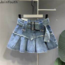 Faldas Skorts Retro Y2k Falda vaquera Moda femenina Verano Jupe 2023 Faldas Mujer De Moda Cintura alta Una línea Dulce Saia Casual Mini falda plisada 231215