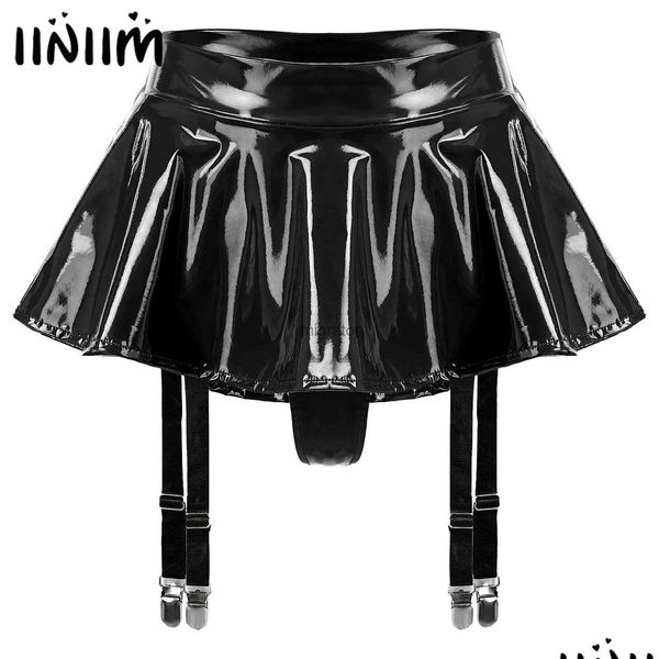 JupesSkorts Jupes Skorts Femmes Wet Look Cuir Verni À Volants Mini Jupe Tongs Intégrées Porte-jarretelles Clips En Métal Lingerie Minisk Ot9Vh